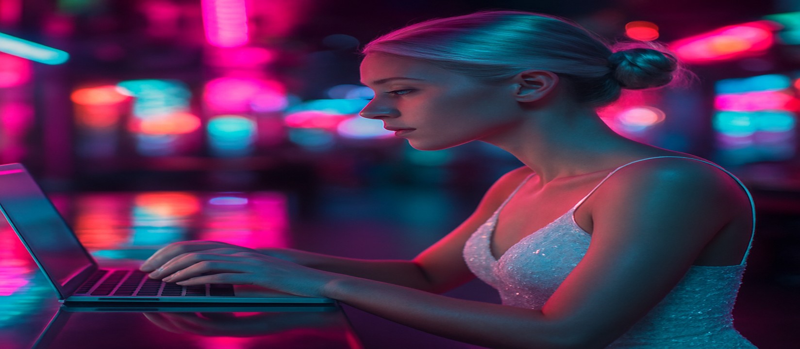 নিয়ন আলো ছড়িয়ে থাকা অবস্থায় ল্যাপটপে এভিয়েটর গেম খেলছেন একজন নারী