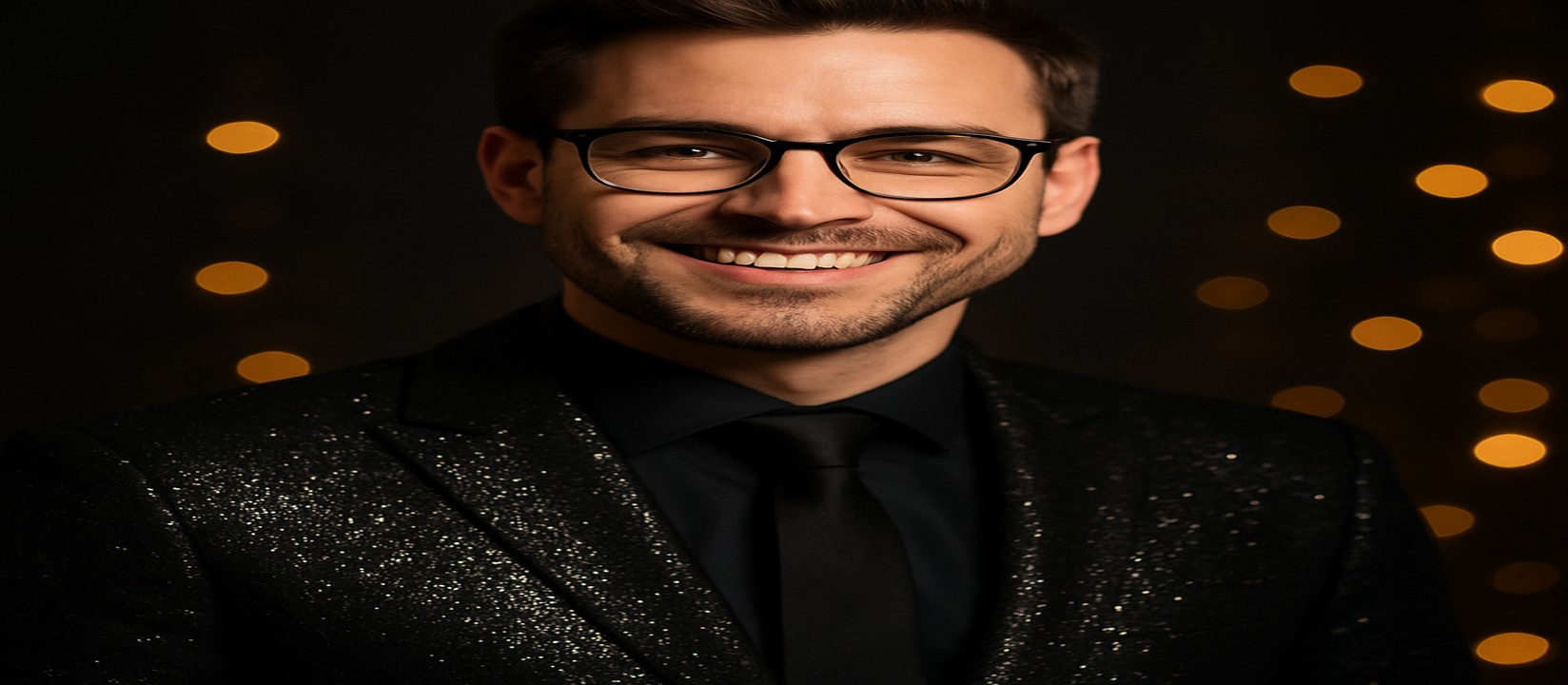 কালো স্যুট পরা একজন আত্মবিশ্বাসী ব্যক্তি; চারপাশে ছড়িয়ে থাকা সোনালি আলো, viptak