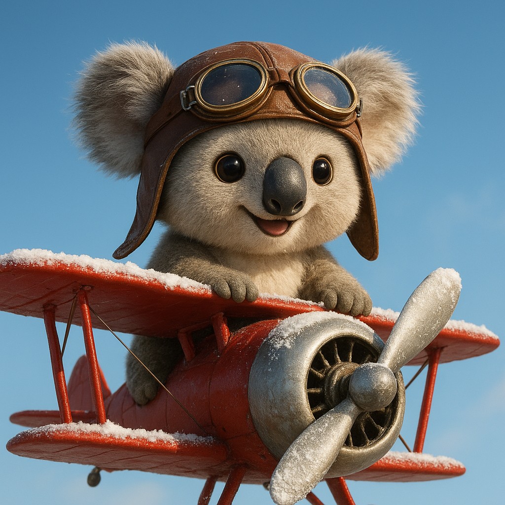 লাল রঙের প্রপেলার বিমানে কার্টুন-স্টাইলের পাইলট আকাশে উড়ছেন