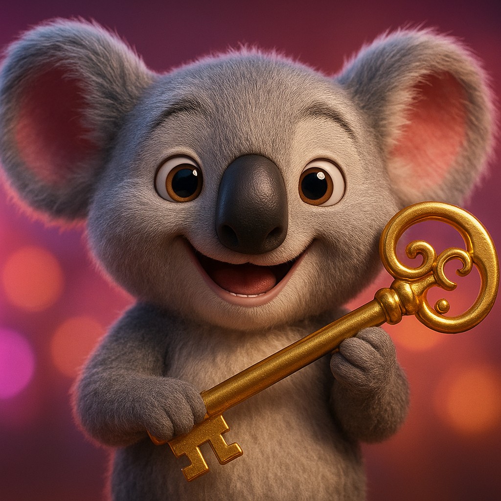 চকচকে গেমিং পটভূমিতে সোনালি চাবি ধরে হাসিখুশি চরিত্র