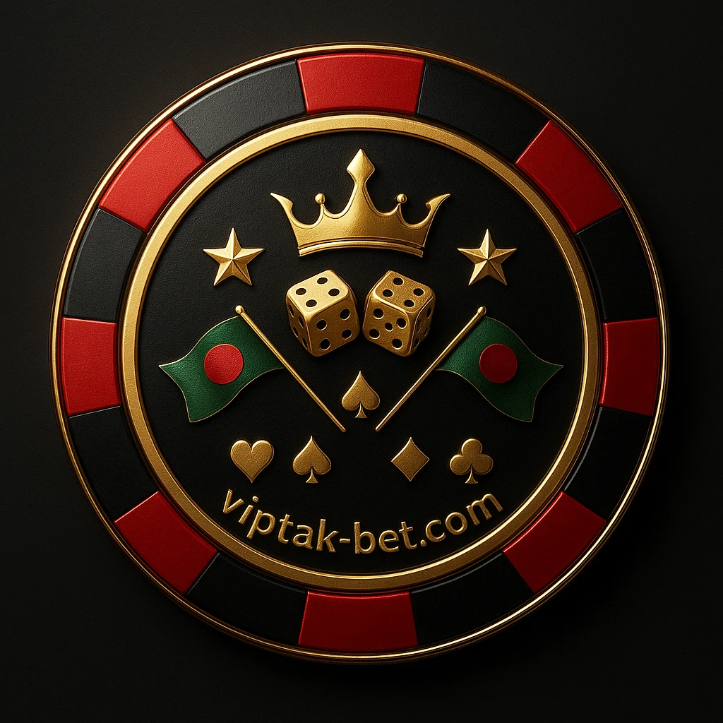 viptak লোগোর সঙ্গে সোনালি গেমিং প্ল্যাটফর্মের আইকনগুলো: চিপ, মুকুট, তারা, পাশা, বাংলাদেশের পতাকা এবং কার্ডের চিহ্ন