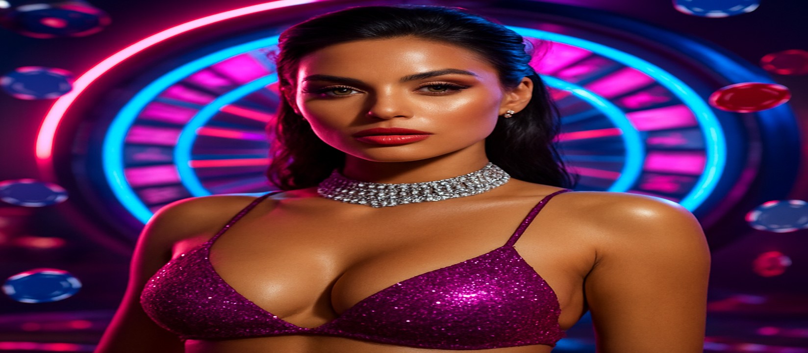 ঝলমলে বেগুনি পোশাকে এক নারী, পেছনের আলোয় ভাসমান viptak গেমিং প্ল্যাটফর্ম আইকন ও একটি চিপ