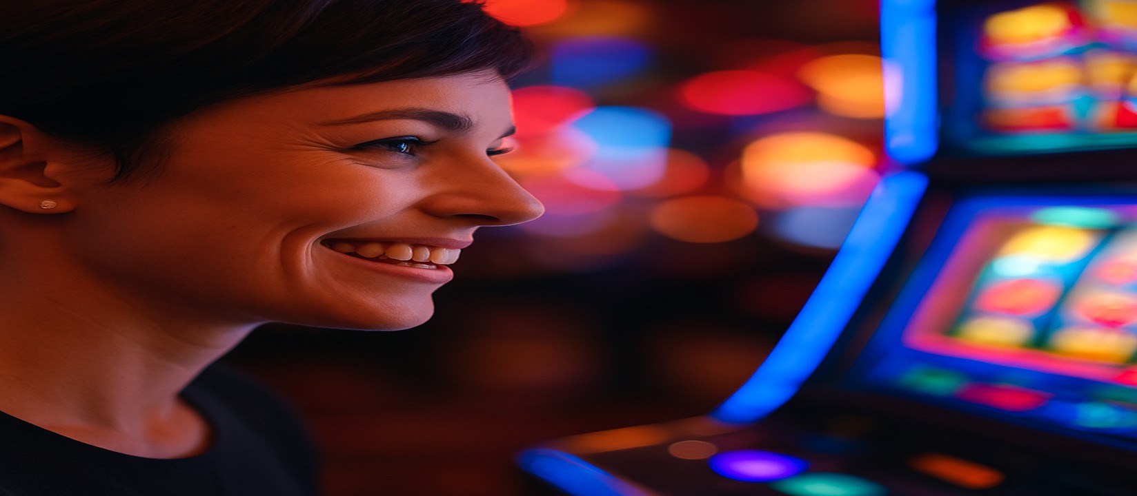 রঙিন আলোয় হাসিখুশি একজন নারী আর্কেড গেম খেলছেন